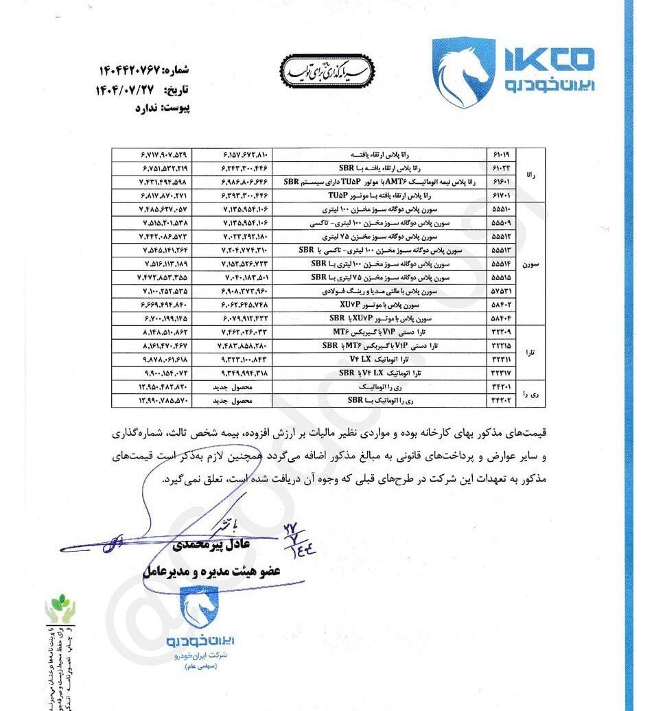 افزایش قیمت ۴۳ محصول ایران خودرو ؛ انواع ۲۰۷ ، دنا، تارا و ری را چقدر گران شد؟