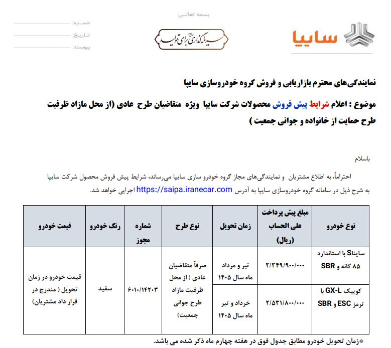 پیش‌فروش محصولات سایپا از فردا؛ اسامی خودروها و زمان تحویل مشخص شد